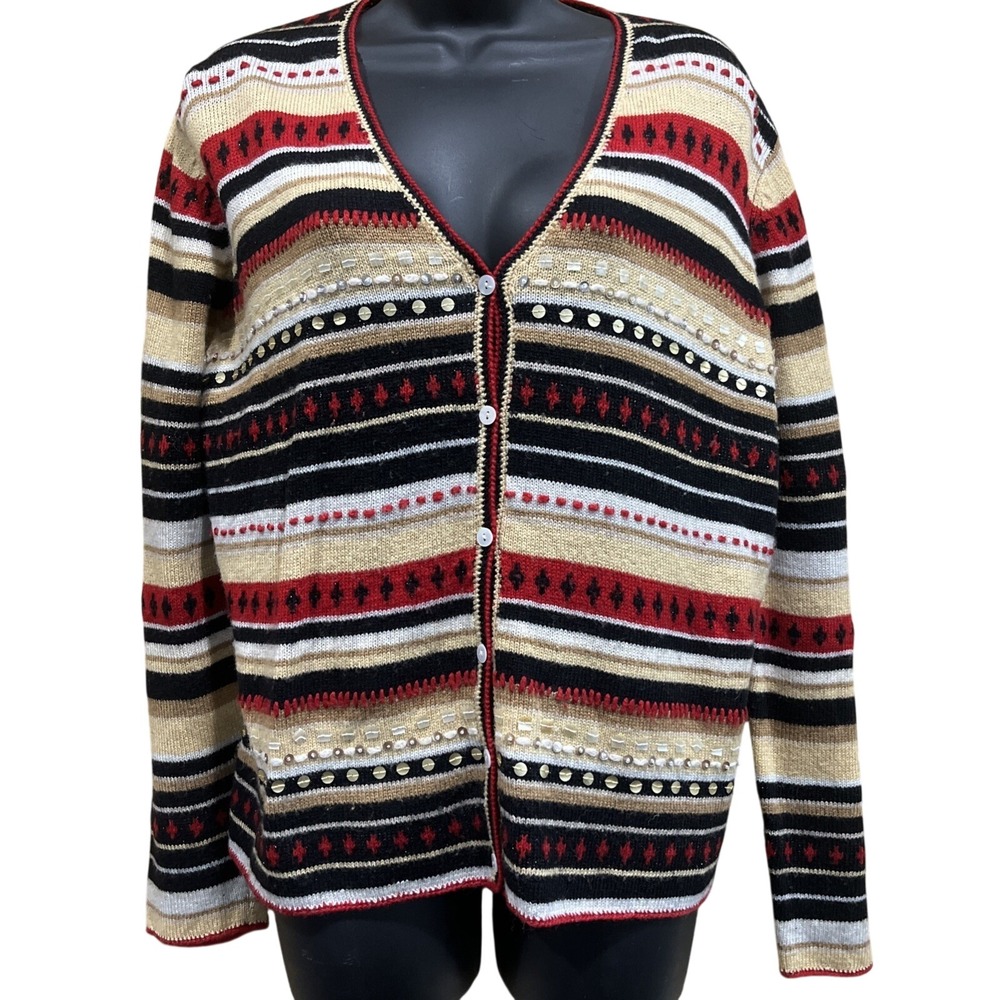 Vintage Cardigan Women L Multicolor Striped Sequin Beaded‎ V-Neck Knit Sweater